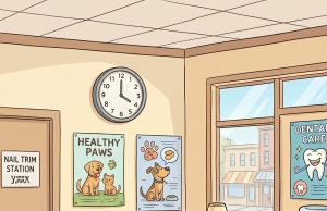 Three dogs were sitting in the waiting room at the vet’s office.