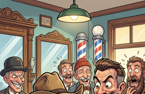 Old cowboy comes into the barber shop for a shave.