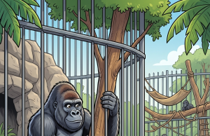 A married couple at a Zoo walk past a gorilla enclosure.