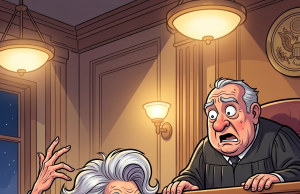 An elderly couple married for 50 years walks into a courtroom to file for divorce.